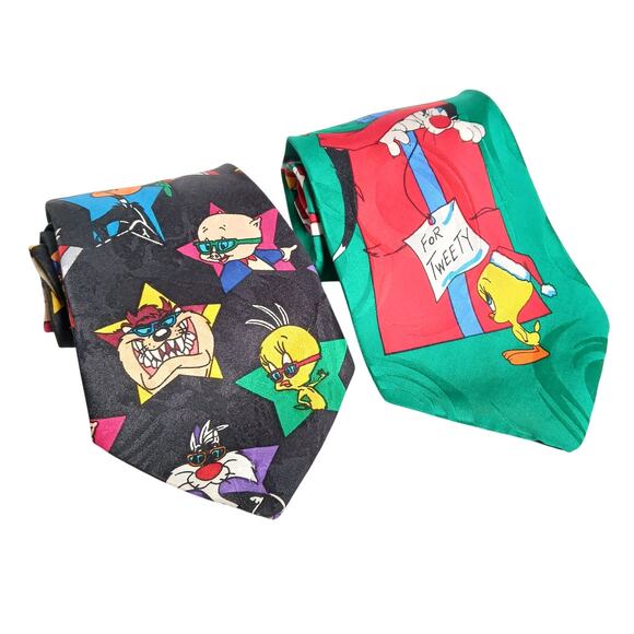 VINTAGE Looney Tunes Mania Christmas/ Characters 100% Silk Mens Ties Retro 90s - Picture 1 of 4